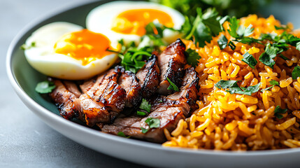 Fototapeta premium Closeup of Vietnamese broken rice with grilled pork and eggs, lively urban streetscape