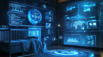 Obraz premium A futuristic infant monitoring system in high tech nursery, featuring holographic displays and data analytics