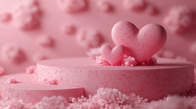 Pink hearts standing on podium decorated with small flowers creating romantic atmosphere