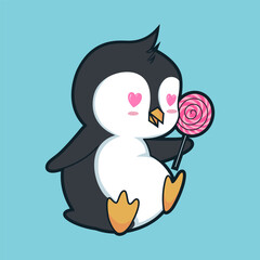 Penguin with lollipop vector illustration 