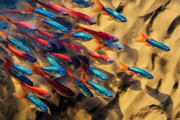A school of vibrant, colorful fish swimming in shallow, sandy water.