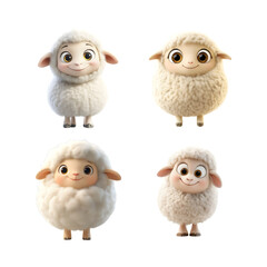 Fototapeta premium Adorable cartoon sheep, four variations, fluffy, cute, happy expressions, isolated on black background, perfect for children's books, animation, or websites.