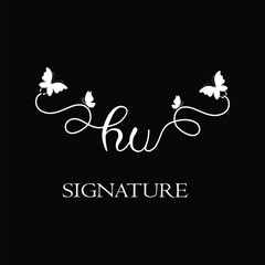 HU Handwritten initial letter, HU simple signature vector logo with butterfly shape variation, beauty, photography letter logo design. H U