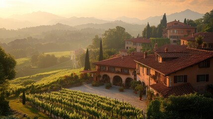 Naklejka premium Italian villa in the vineyards at sunset.
