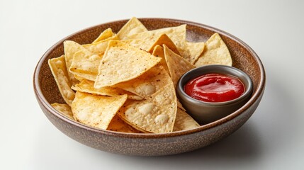 Tortilla Chips and Salsa in a Brown Bowl