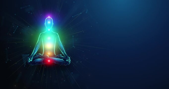Abstract looped animation of glowing chakra points over low poly human figure sitting in lotus yoga pose. Meditation; yoga and mental health care animated concept with copy space on blue background.