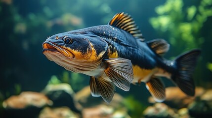 Fototapeta premium Large dark fish with yellow markings underwater.
