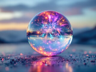 Glowing Crystal Ball with Vibrant Network Lights on Beach"