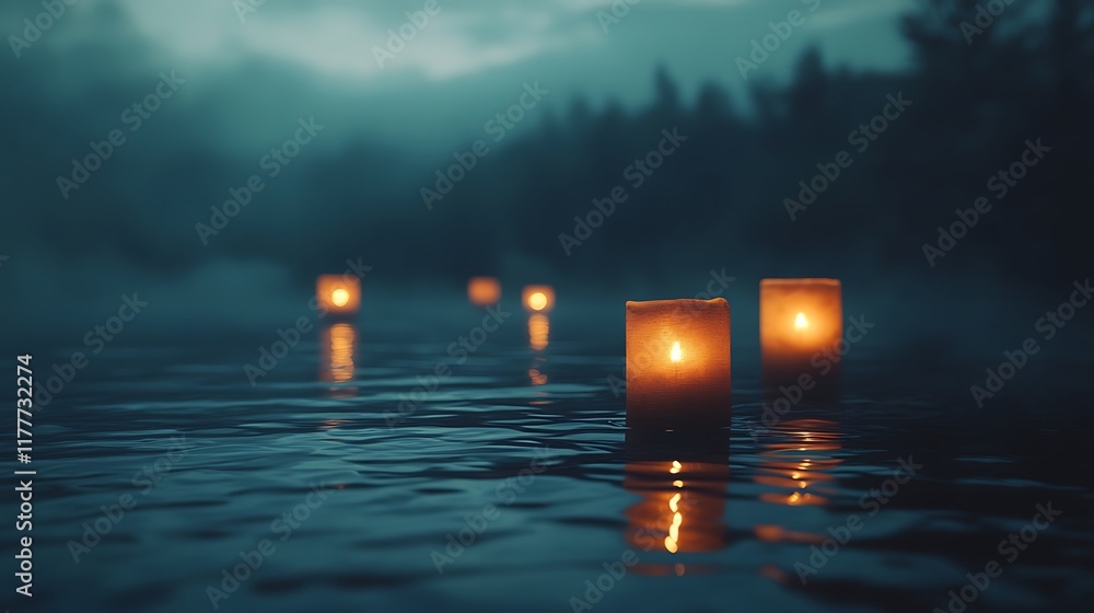 Poster floating lanterns on tranquil river with clear dark space for text