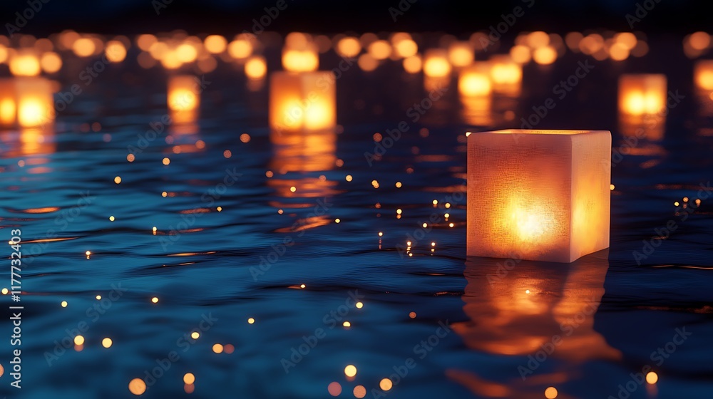 Poster floating lanterns on tranquil river with clear dark space for text