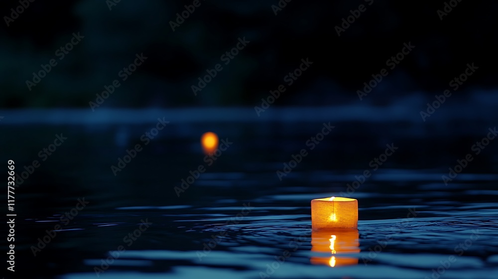 Poster peaceful river scene with lantern glow and text-friendly darkness