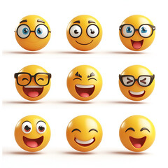 Set of Emoji Faces with Glasses and Various Expressions on a White Background, Playful Illustration

