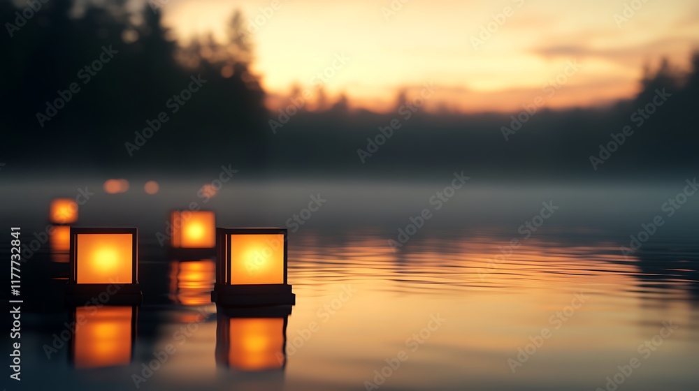 Poster a soft, glowing lanterns floating on a calm river with a dark, clear space for text