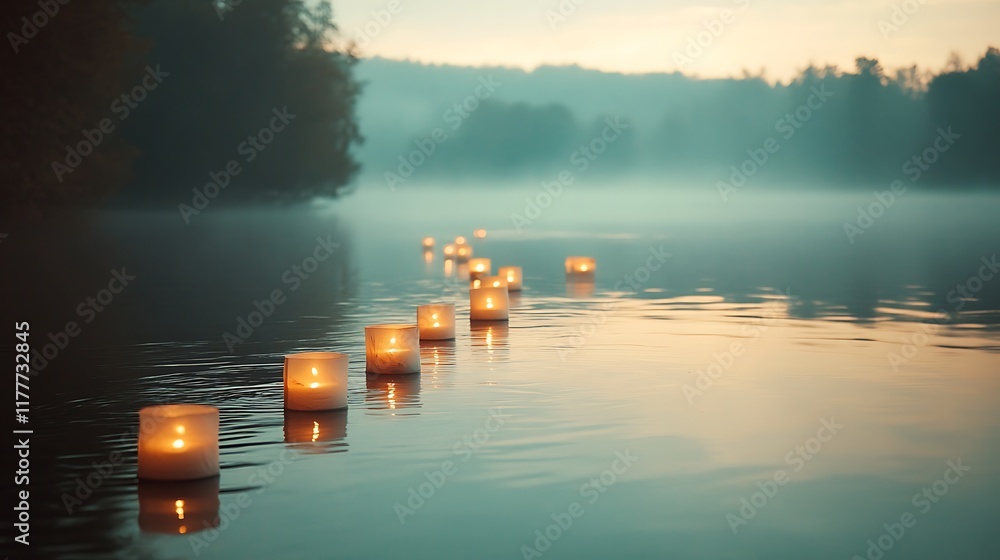 Poster a soft, glowing lanterns floating on a calm river with a dark, clear space for text