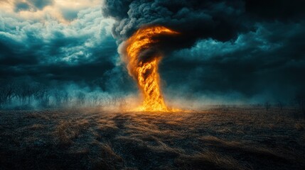 Obraz premium A forest fire tearing through the landscape, with a huge spiral of smoke reaching into the sky, partially blending with thick storm clouds that add a dramatic effect to the scene.