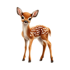 Fototapeta premium Adorable fawn, young deer, white spots, brown fur, wildlife, nature, animal portrait, cute, baby deer, isolated on black background.