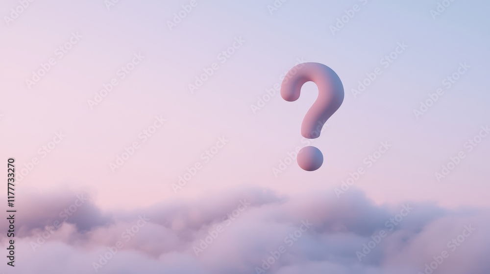 Poster floating question mark above soft clouds at dusk