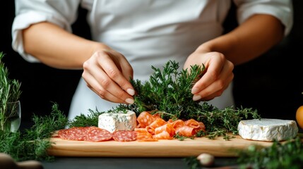 Preparing a gourmet charcuterie board with fresh herbs and assorted meats