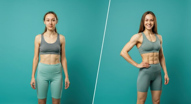 Asian female fitness transformation progress - before and after comparison in workout attire