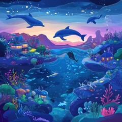 Fototapeta premium Dolphins Leap Over Underwater Houses Coral Reef Sunset