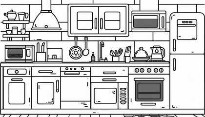 A minimalist line art illustration of a modern kitchen interior. Ideal for coloring books, educational materials, or design projects related to home and kitchen themes.