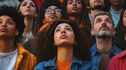 Obraz premium Group of diverse individuals looking upward with determination, hope, and unity, symbolizing social change, progress, and solidarity in a multicultural community