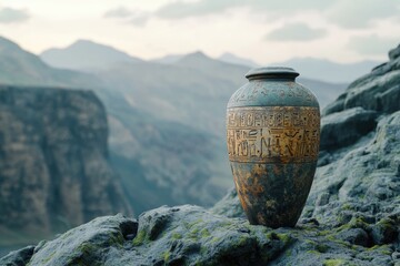 Ancient Egyptian jar rests atop a moss-covered rock, overlooking a majestic mountain range.