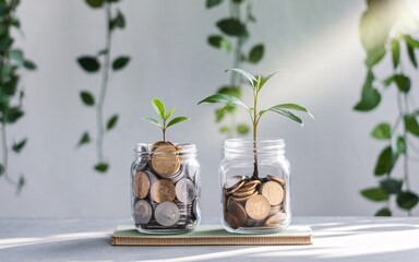 Growth and Prosperity, Two glass jars with coins and growing plants.