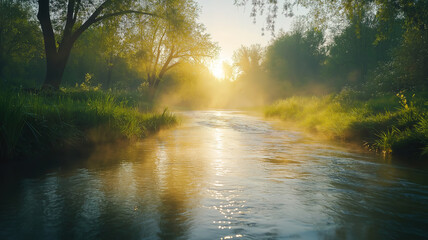 Obraz premium Gentle camera movement along a riverbank on a bright spring morning showcasing the peaceful scenery