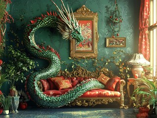 Fototapeta premium A majestic dragon coils elegantly around luxurious red sofa in vibrant room adorned with intricate decor
