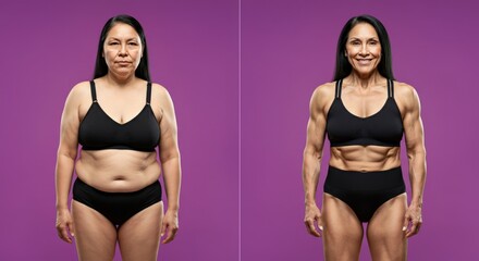 Inspirational fitness transformation of mature hispanic woman displaying health and strength on purple background