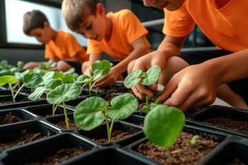Three children wearing bright orange shirts plant seedlings in small pots filled with soil