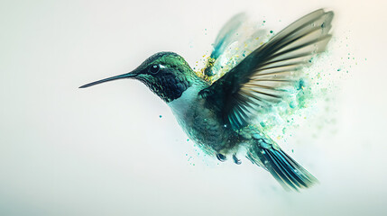 Fototapeta premium Artistic hummingbird in flight, vibrant teal and green, watercolor splash effect, nature photography.