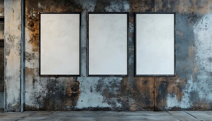 Industrial aesthetic with blank vertical posters hanging on rugged concrete texture