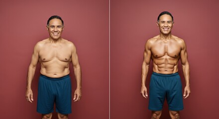 Fototapeta premium Fitness transformation of hispanic mature male with focus on health journey