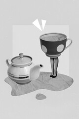 Vertical collage illustration of tea pot cup black white colors legs spit puddle isolated on...