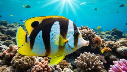 Angular butterflyfish swimming among vibrant corals, ocean beauty