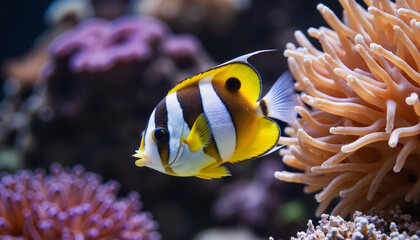 Fototapeta premium Vibrant striped angelfish swimming among coral branches, marine beauty