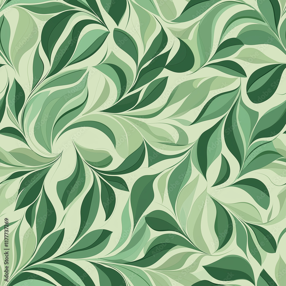 Poster vibrant green leaf pattern with swirling shapes, creating a fresh and natural aesthetic suitable for