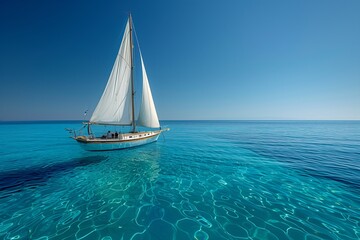 Fototapeta premium A beautiful sailboat gliding over crystal clear waters under a bright blue sky, perfect for travel and adventure.