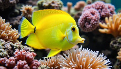 Obraz premium Vibrant yellow tang swimming among colorful corals, underwater beauty