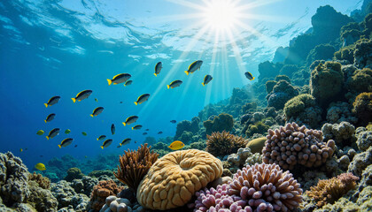 Naklejka premium Vibrant school of sergeant major fish navigating coral reef, ocean life