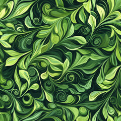 Vibrant green foliage pattern featuring swirls and intricate leaf designs, perfect for nature-inspired themes.
