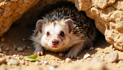 Obraz premium Desert hedgehog peeking out from den in rocky environment, wildlife