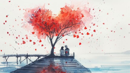 a couple sitting on a dock in front of a heart-shaped tree 