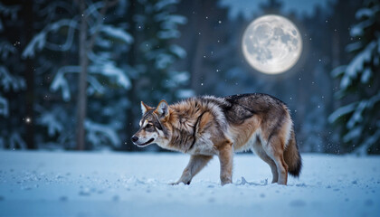 Wolf stalking through snowy clearing under moonlight, nocturnal hunt