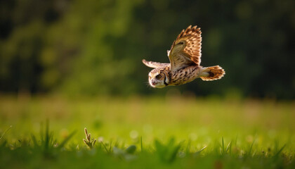 Owl gliding gracefully over lush meadow, nocturnal flight