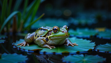 Obraz premium Frog resting peacefully on lily pad in secluded pond at night, tranquility