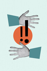 Trendy art creative vertical photo collage of two hands distance problem exclamation mark restriction alert bullying trouble