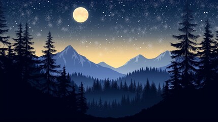 Scenic forest landscape with a full moon and starry sky above a silhouette of trees, evoking tranquility, serenity, and a peaceful night in nature.